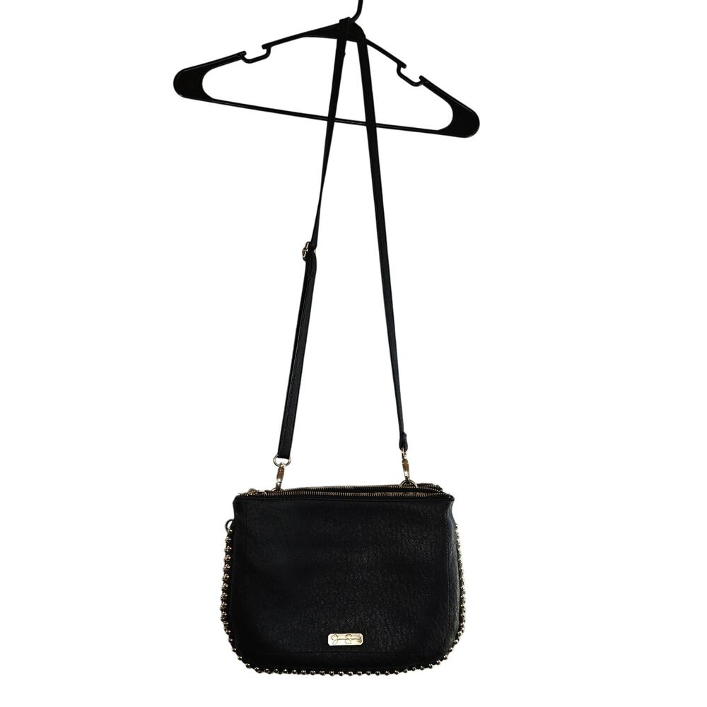 Jessica Simpson Black Faux Leather Crossbody Purse with Gold Metallic Accents